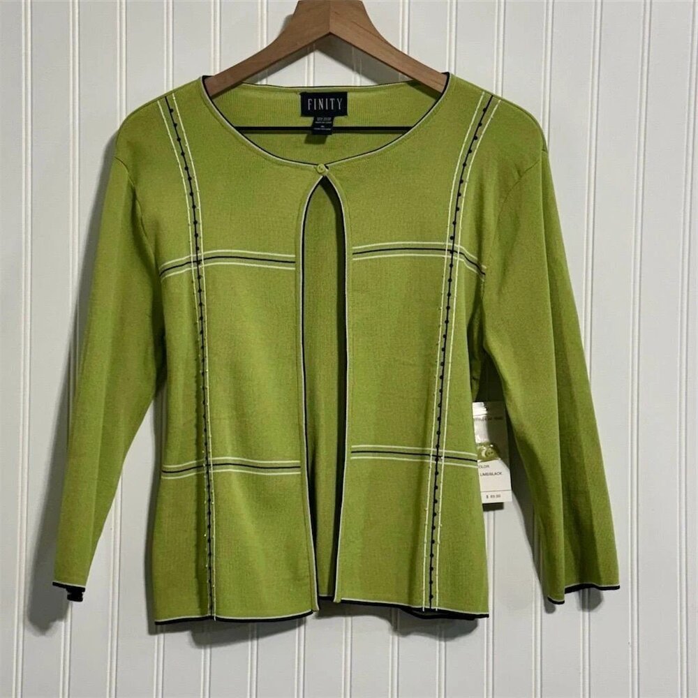 Vintage Finity Cardigan Sweater XL Lime Green Mod 60s Style Contrast Stitch